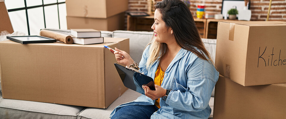 A woman with long brown hair, wearing a light blue blouse, sitting on a grey sofa, holding a pen and a clipboard, surrounded by cardboard boxes.