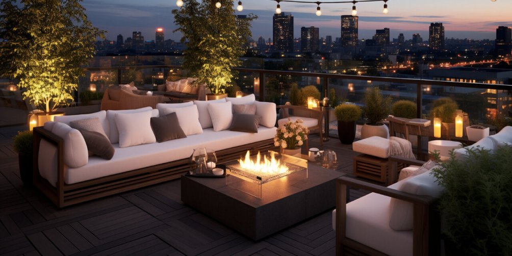 Rooftop in urban city with trees and firepit