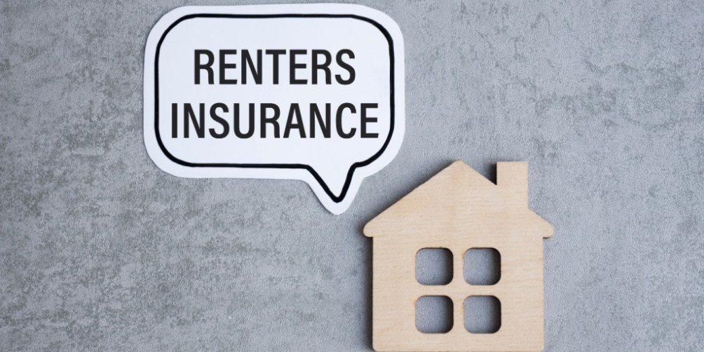 A white speech bubble with the words 'Renters Insurance' alongside a wooden house icon on a textured gray background.