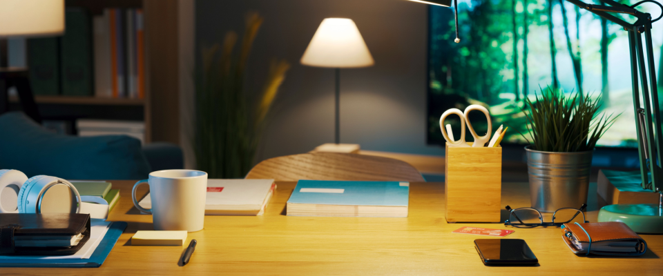 Home office interior featuring a clean wooden desk with a lit lamp, books, coffee mug, headphones, and stationery, where you can prepare your documents for a renters insurance quote.